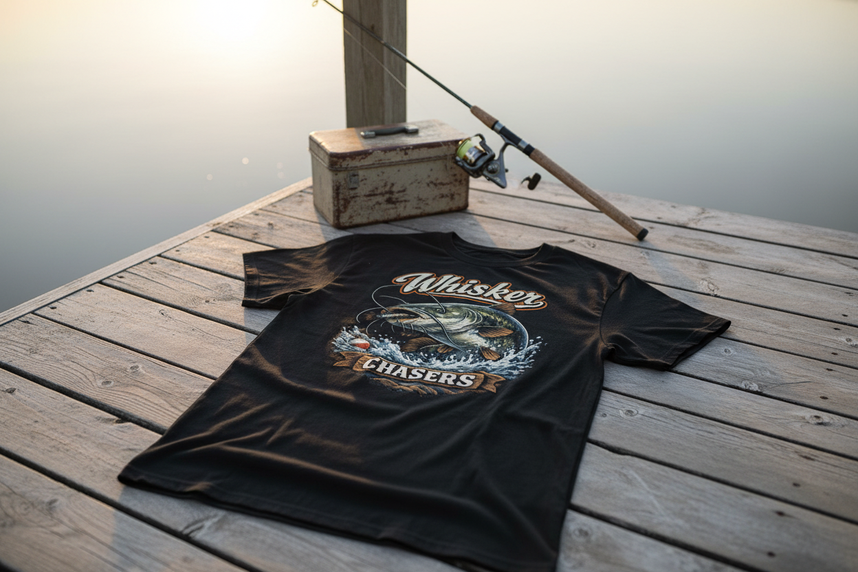 Whisker Chasers Catfish Angler Shirt in outdoor fishing setting